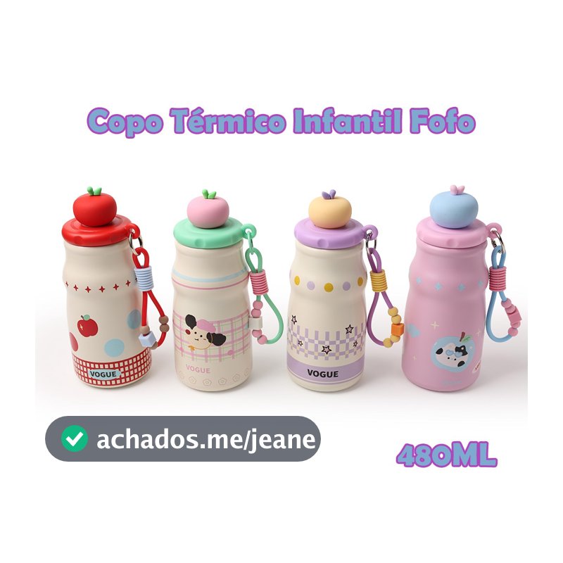 Garrafa Térmica Infantil Kawaii 480ml Aço Inox Com Canudo Tampa Maçã Filtro de Chá Alça Escolar