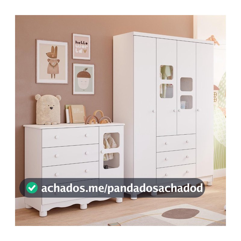 Quarto de Bebê Completo com Guarda Roupa Uli 4 Portas Cômoda Uli 4 Gavetas 100% MDF Faura