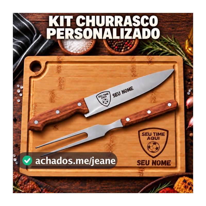 KIT CHURRASCO PERSONALIZADO NOME TIME DESENHO LOGO PROFISSÃO TRÊS PEÇAS FACA GARFO TABUA EM BAMBU RESISTENTE COM GANCHO.