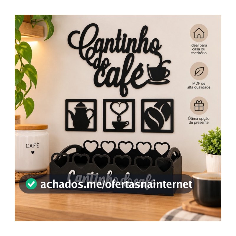 Kit Bandeja 4 Apliques Cantinho do Café em MDF Preto 3mm Bandeja Coração Aplique de Parede