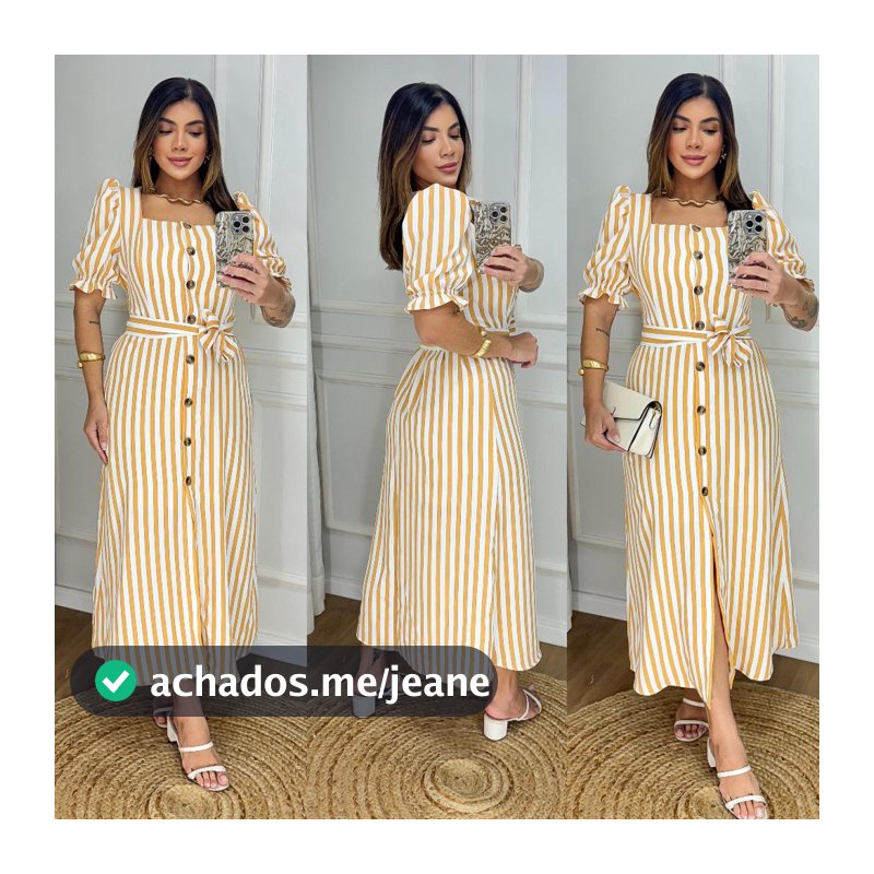 Vestido Longo Listrado com Botões e Cinto - Manga Bufante - Modelo Elegante com Elastex