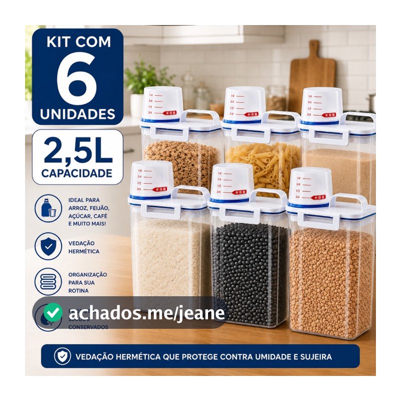 Kit 6 Potes Herméticos 2,5L Para Mantimentos com Copo Medidor e Bico Dosador Organizador de Cozinha e Despensa