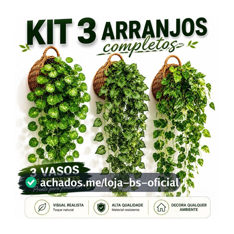 Kit 3 Vasos Decorativos Trançados com 6 Arranjos Pendentes Artificiais