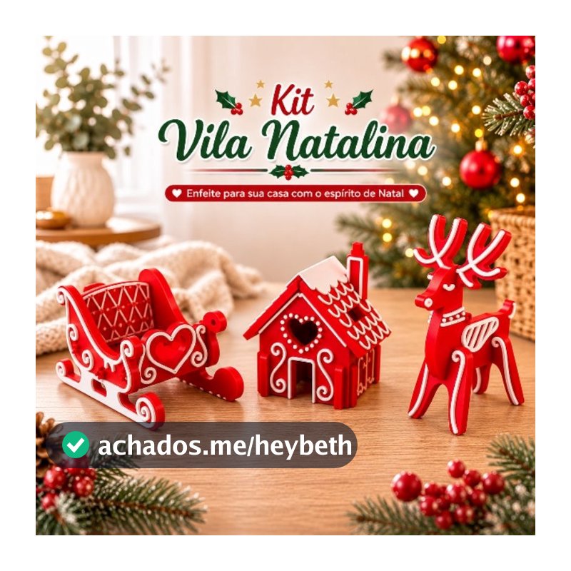 Kit Vila Natalina Decorativa 3 Peças Trenó, Casinha e Rena Enfeite de Natal decoração de casa