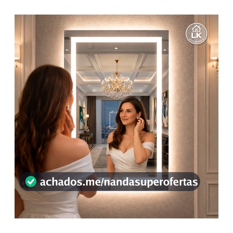 Espelho LED Retangular 80x50 cm Jateado com Botão Touch – Moderno Para Banheiro Lavabo e Penteadeira