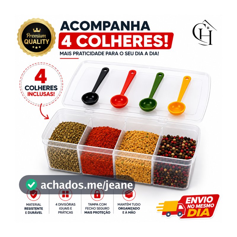 Porta Temperos Organizador Multiuso 4 Compartimentos com Tampa + 4 Colheres Cozinha Casa