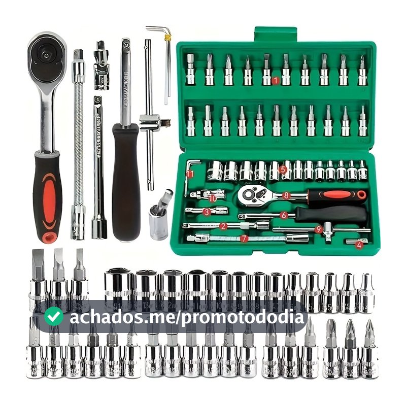 46 Peças Verde Kit Chaves Jogo Catraca Reversível Soquetes Maleta Promoção
