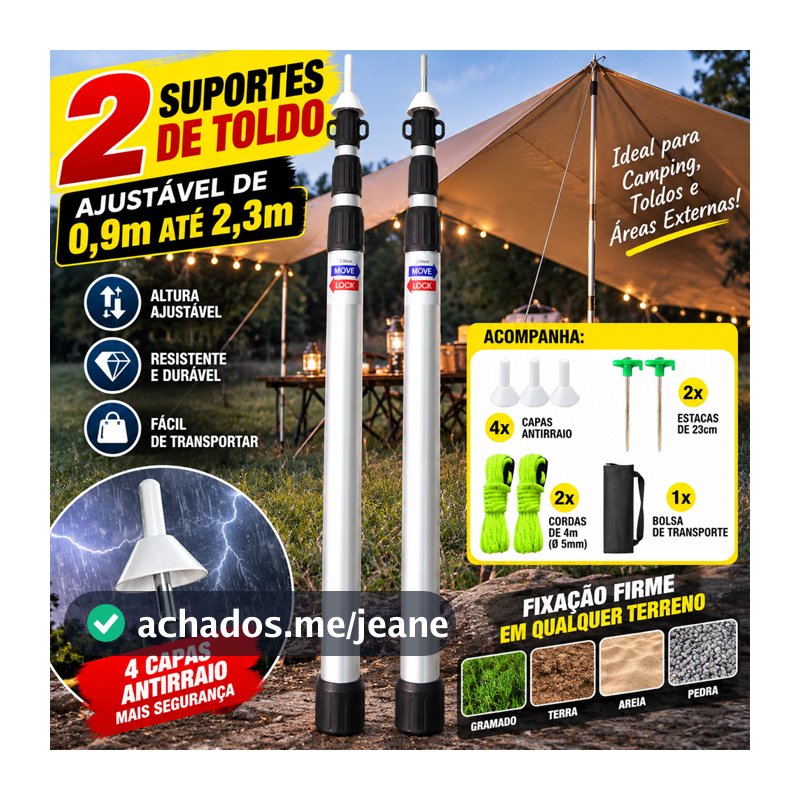 Kit 2 Hastes Telescópicas para Toldo e Lona 0,9–2,3m com Corda, Estacas e Bolsa