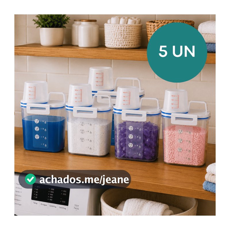 Kit 5 Potes Hermético 1,5 L C/ Bico Dosador Porta Sabão em Pó/ Sabão Líquido/ Amaciante Compacto Lavanderia Organizador