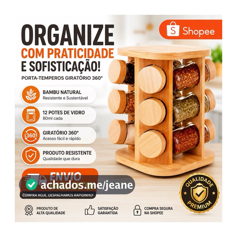 Porta Condimentos Tempero Giratório Luxo12 Potes Vidro Bambu Condimento Temperos Ervas Resistente