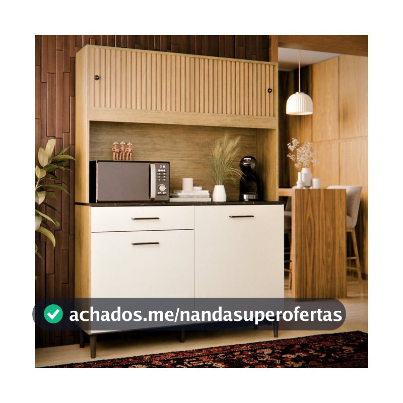 Armário de Cozinha Completo Com 4 Portas e Gaveta Kit De Parede Compacto com Nicho Grazi Ripado 3D