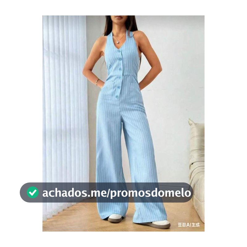 Macacão Feminino Halter Listrado Botões Calça Larga Alfaiataria macacão com botões macacão calça larga macacão longo