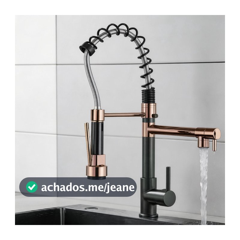 Torneira de Cozinha de Bancada Mola Retrátil Aço Inox 304 Cromada Monocomando Água Fria e Quente Spray 360°