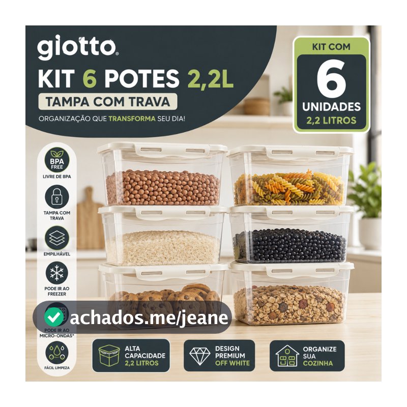 Kit 6 Potes Com Tampa e Trava 2,2L Alto Off White Freezer E Microondas Marmitas Fitness Giotto