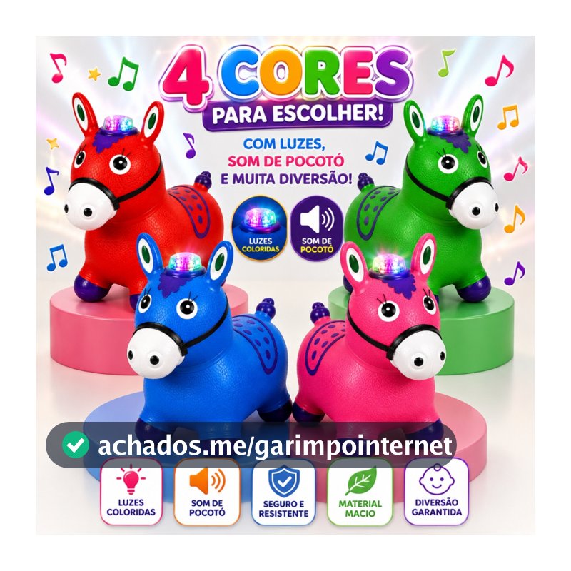 Cavalinho Upa Upa Musical Infantil Pula Pula com LED e Som Brinquedo Bebê 12 Meses Suporta 54kg Inmetro Pratitudo Toys