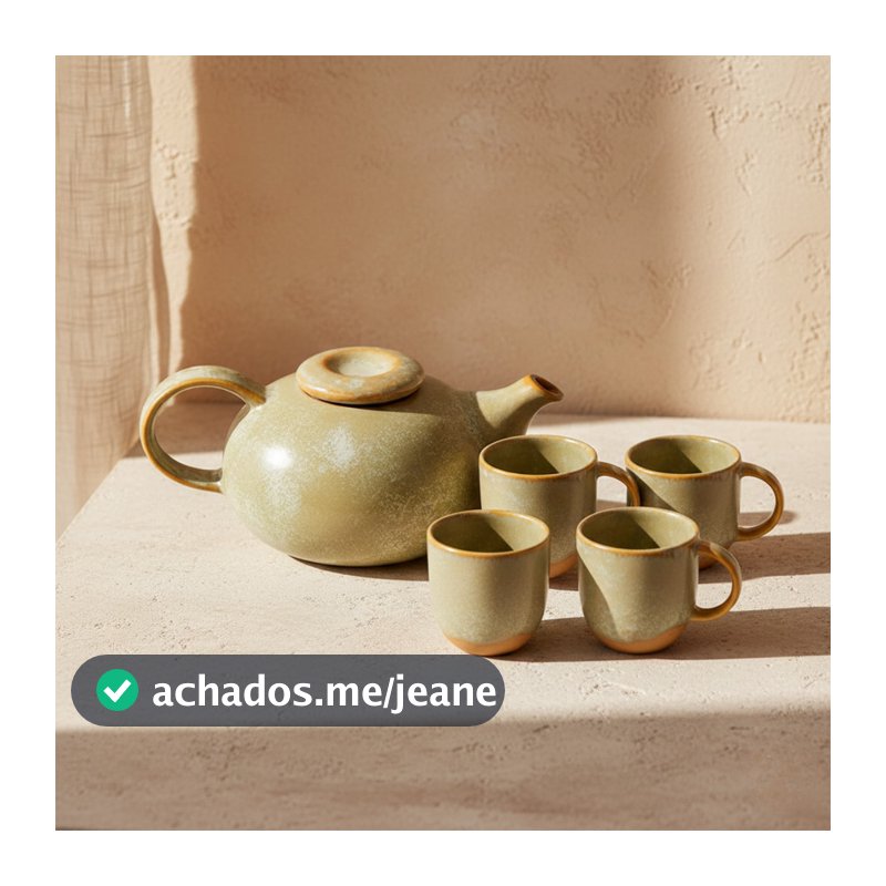 Jogo para Chá Cerâmica Serenatta Bule 500ml 4 Xícaras 100ml Bege Esmalte Reagente Japandi Conjunto Café Mesa Posta Luxo