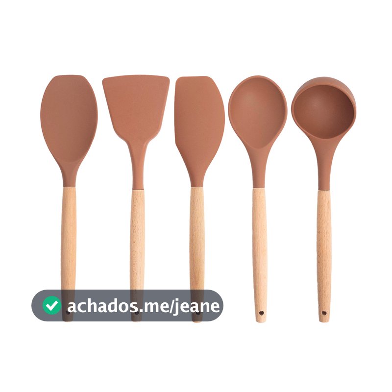 kit 5 utensílios de silicone com cabo de madeira para cozinha - oikos