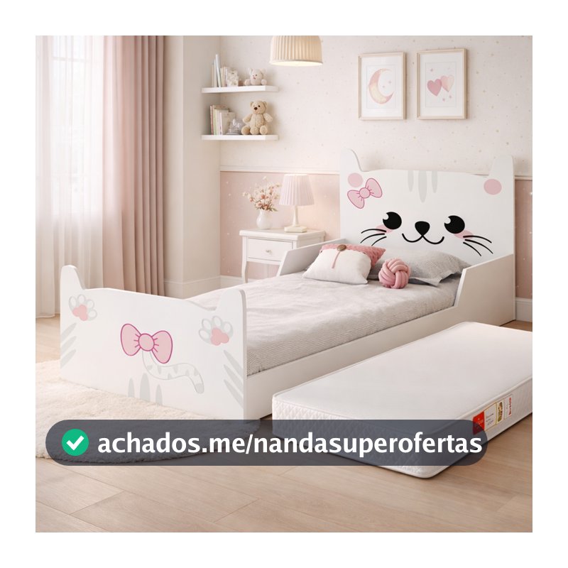 Cama Infantil Gatinho Branco Rosa em MDF Juvenil  para Quarto de Menina montessoriana com colchão