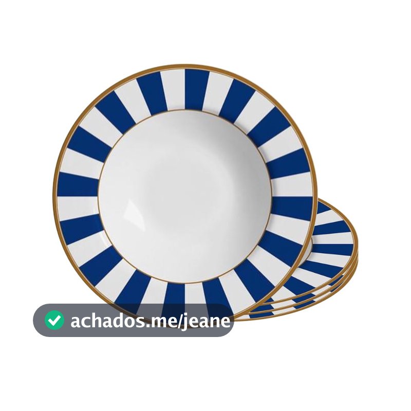 Jogo 4 Prato Fundo de Cerâmica Azul e Branco Listras Stripe Azul Alleanza 24,5cm