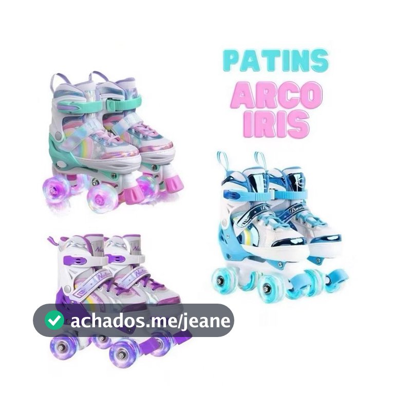Patins Infantil 4 Rodas Arco ÍRIS  Com Luz De LED Ajustável+Kit Proteção e Sem Kit Proteção