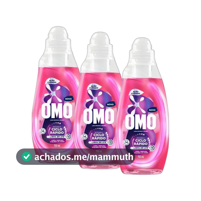 Kit 3 Lava-Roupas Líquido Omo Ciclo Rápido Ação Cuidado Frasco 750ml cada