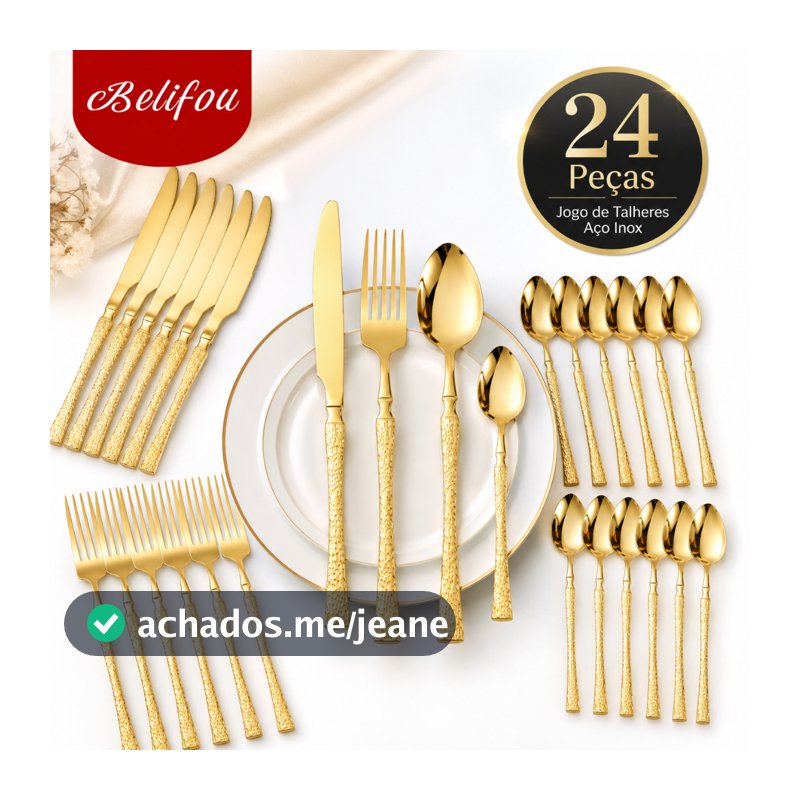 Belifou Faqueiro 24 Peças Dourado Aço Inoxidável Talheres Premium Com Faca Para Bife Jogo Para 6 Pessoas
