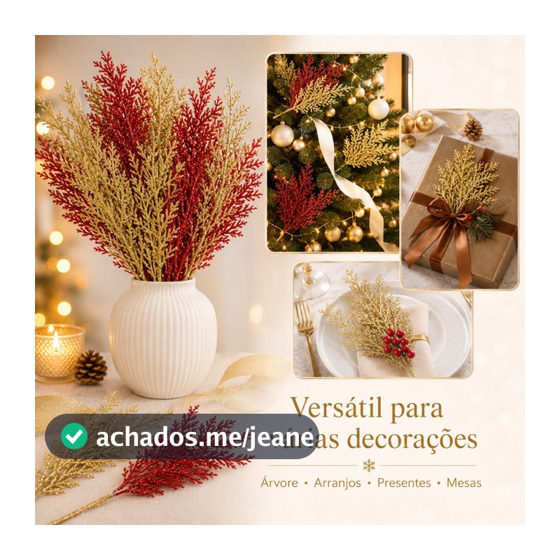 Kit 20 Galhos de Pinheiro Artificial Vermelho com Glitter, Enfeites para Árvore de Natal, Guirlanda e Arranjos