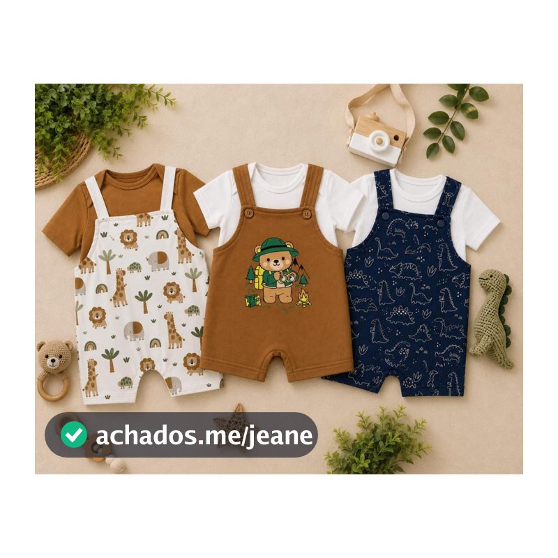 KIT 3 CONJUNTOS JARDINEIRAS BEBE MANGA CURTA ESTAMPADAS SORTIDAS VERÃO