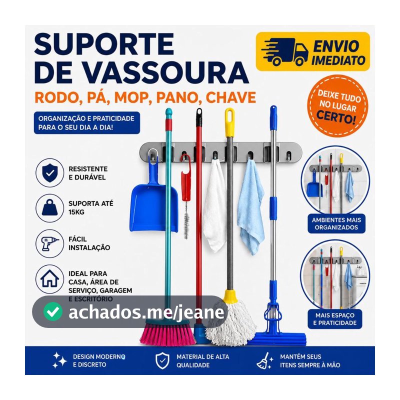 Suporte Parede Organizador Vassoura Rodo Pá Mop Pano Chave Cinza