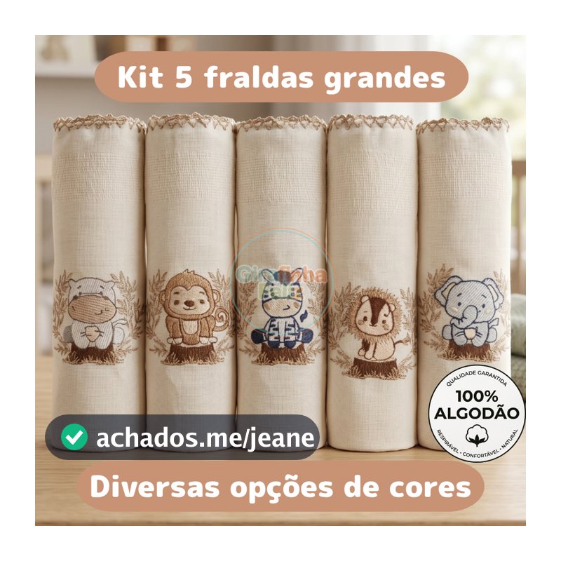 Kit 5 Fraldas de Pano Para Bebê Bordadas Coloridas 70x70cm Tecido Duplo 100% Algodão Menino Menina