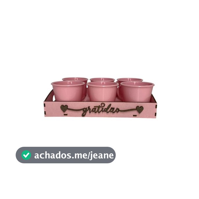 KIT COM 6 XÍCARAS DE ACRÍLICO COM BANDEJA EM MDF GRATIDÃO ROSA