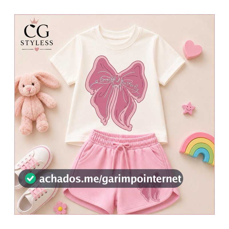 Conjunto Infantil Feminino Camiseta e SHORT MOLETINHO ROSA Laço Rosa Menina Verão Confortável Roupa Infantil 2 ao 16