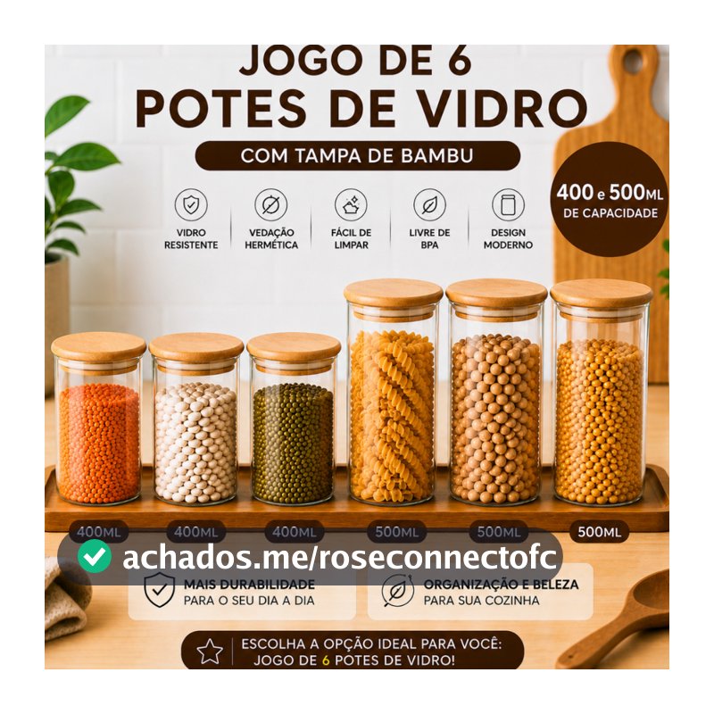 Kit 6 Potes de Vidro Condimentos 400ML e 500ML Com Tampa de Bambu Hermético Mantimentos Empilháveis