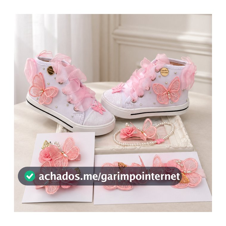 Kit Tênis Menina Jardim das Borboletas Rosa Sapatinho + Prendedor Chupeta Laço Decorado Presilha ou Tênis