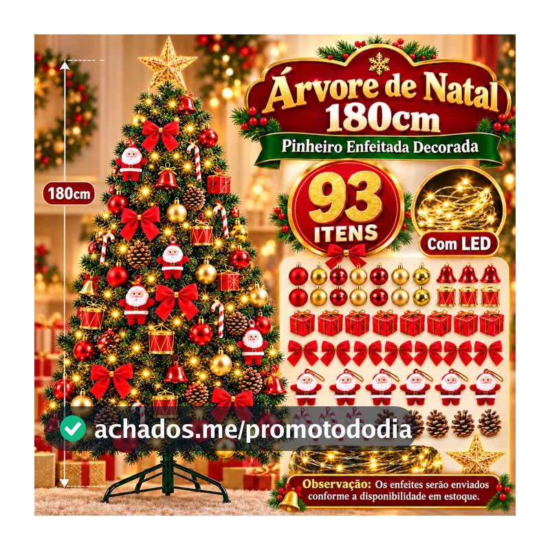 Árvore de Natal 180cm Decorada Completa 340 Galhos  93 Enfeites Pisca LED Pinheiro Artificial