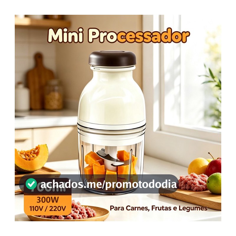 Mini Processador Elétrico 700ml 300W 4 Lâminas para Alimentos Carne Legumes 110V/220V
