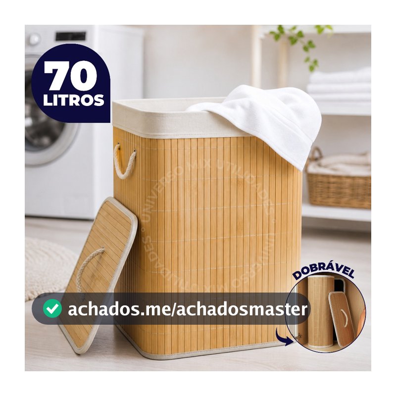 Cesto de Roupa de Bambu Dobrável Com Tampa e Alça 70 Litros Organizador Multiuso Com Forro