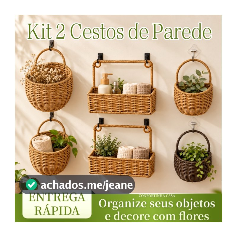 Kit 2 Cestos Organizadores de Parede com Alça Multiuso para Decoração Flores e Banheiro