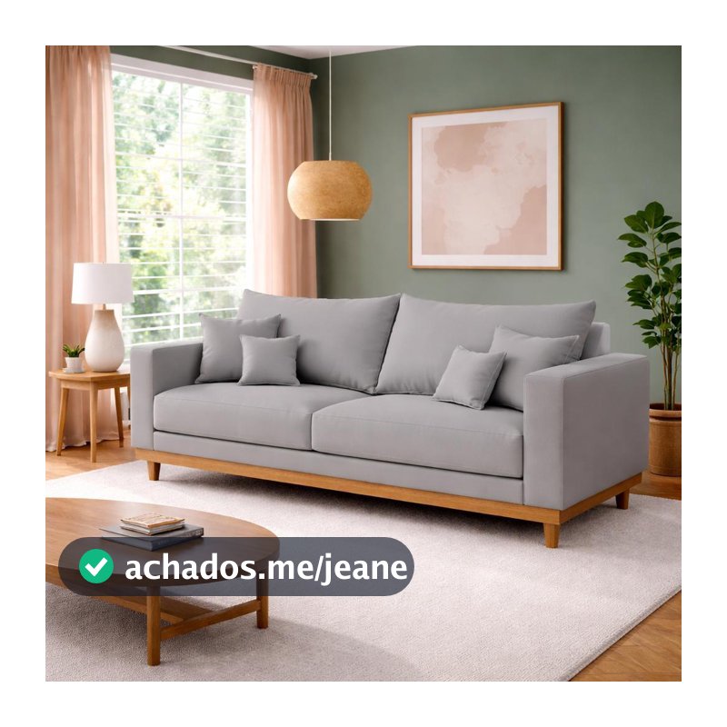 Sofá 3 Lugares Living Com Base Madeira Linho Balaqui Decor