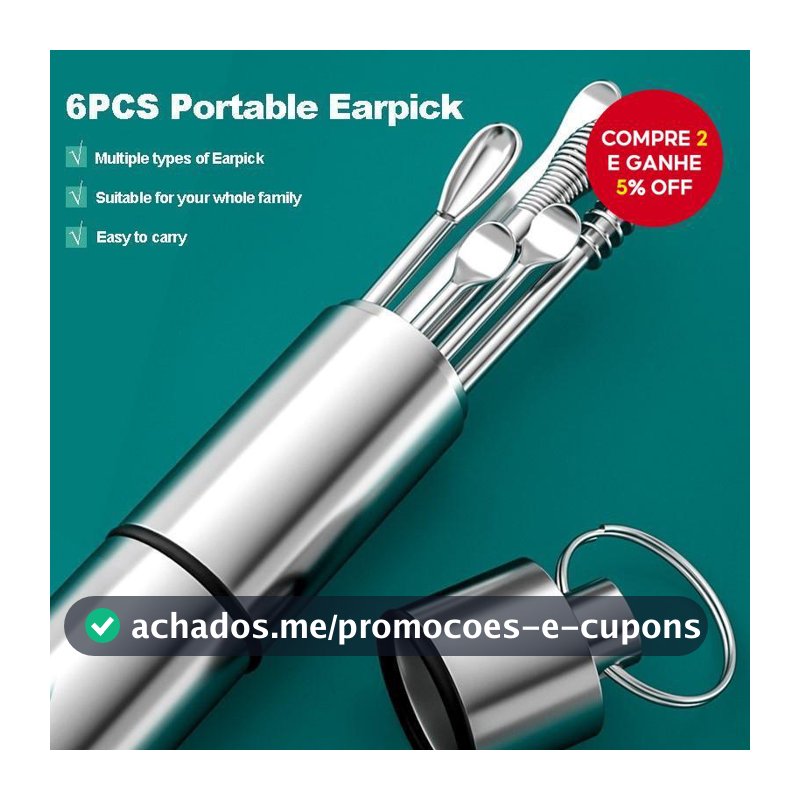 Conjunto de 6 Peças Ferramenta de Remoção de Cera de Ouvido, Colher de Aço Inoxidável, Palitos para Limpeza do Ouvido.