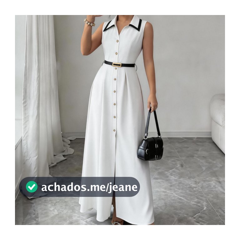 Vestido Longo Gola De Blazer, Decote V Sem Mangas, Botões Metálicos Na Frente, Acompanha Cinto Fino Preto Para Marcar