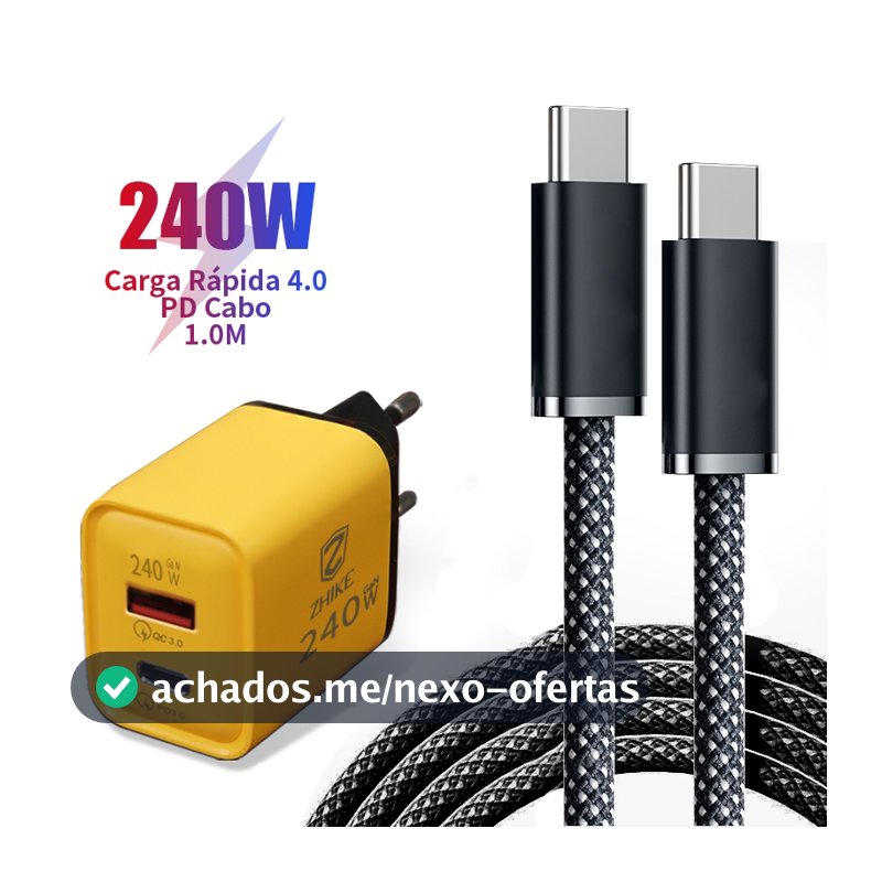 Cabo Carregador Carregamento Rápido PD Tipo C Para Tipo C Com GaN Adaptador 1M Trançado Cabo