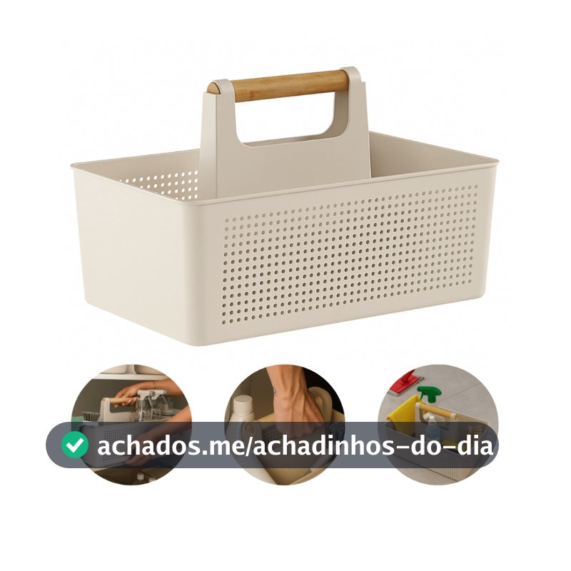 Cesto Caixa Organizadora Multiuso para Lavanderia Domesticos com Alça de Bambu 8L Linha Flow