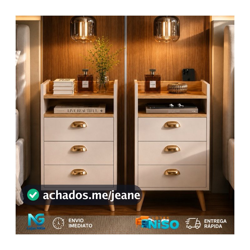 Mesa de Cabeceira Luxo Concha porta celular Monet 04 Gavetas Pés Palito Quarto Organizador Opcao 03 gavetas - LANÇAMENTO