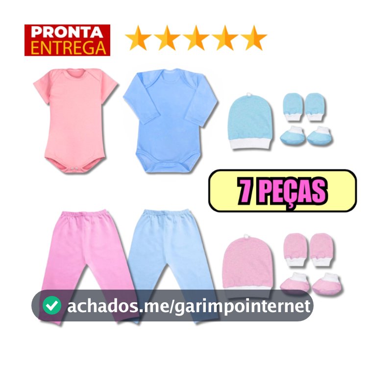 Kit 7 Peças Body Mijão Touca Luvinha Meia Enxoval Bebê Cor Lisa