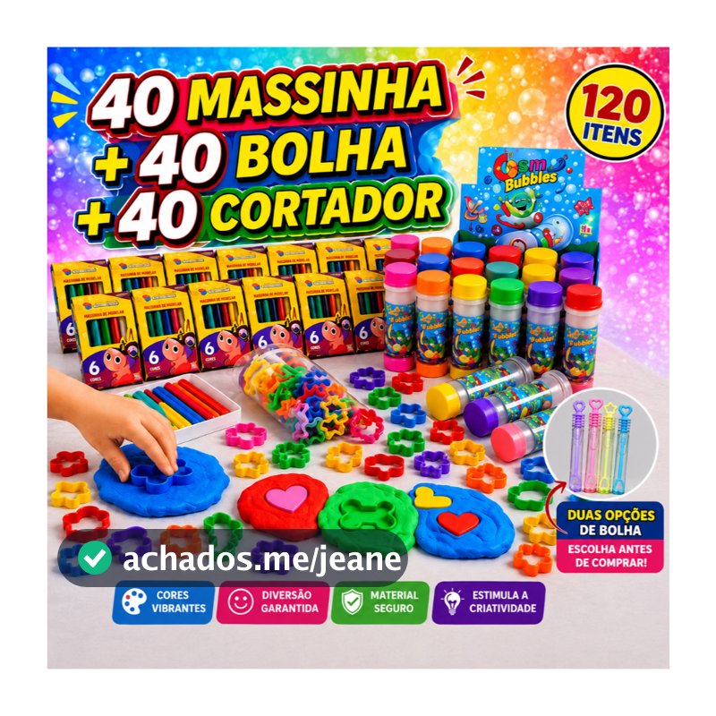 Kit 40 Caixa de Massinha de Modelar + 40 Bolha de Sabão + 40 Cortador Forminha Infantil Lembrancinha