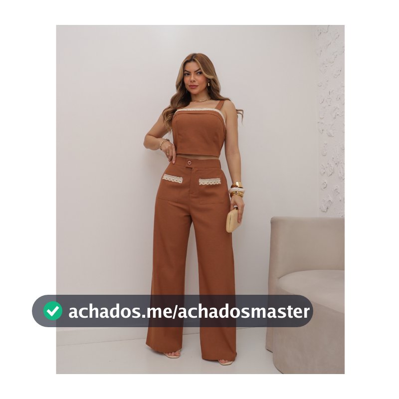 Conjunto Feminino Linho Cropped e Calça Com Bojo Moda Verão 3RD SD1624