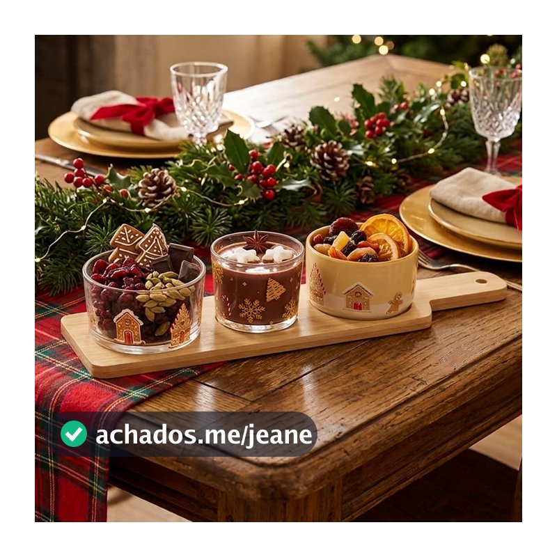 Conjunto 4 Peças para Servir Encanto de Natal Petisqueira 37cm x 10cm x 6cm Bambu Lyor para Petiscos e Castanhas na Ceia