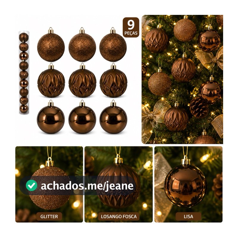 Bola de Natal 6cm Cobre/Marrom Kit com 9 Peças Lisa, Losango Fosca e Glitter
