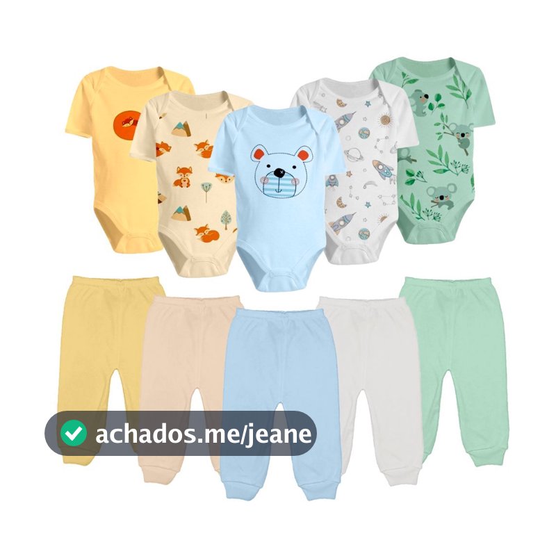 Kit 10 Pças Bebê Body Manga Curta Estampado e Mijão Infantil